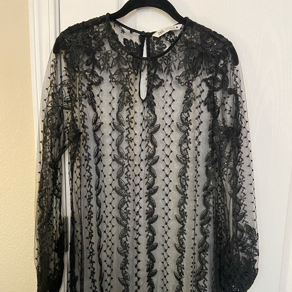 ZARA EMBROIDERED LONG BLACK SEMI-SHEER DRESS - Picture 8 of 8